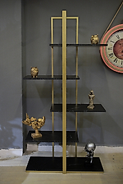 Çapraz Raflı 5 Katlı Kitaplık Kütüphane Ve Aksesuar Rafı Gold Siyah Mermer