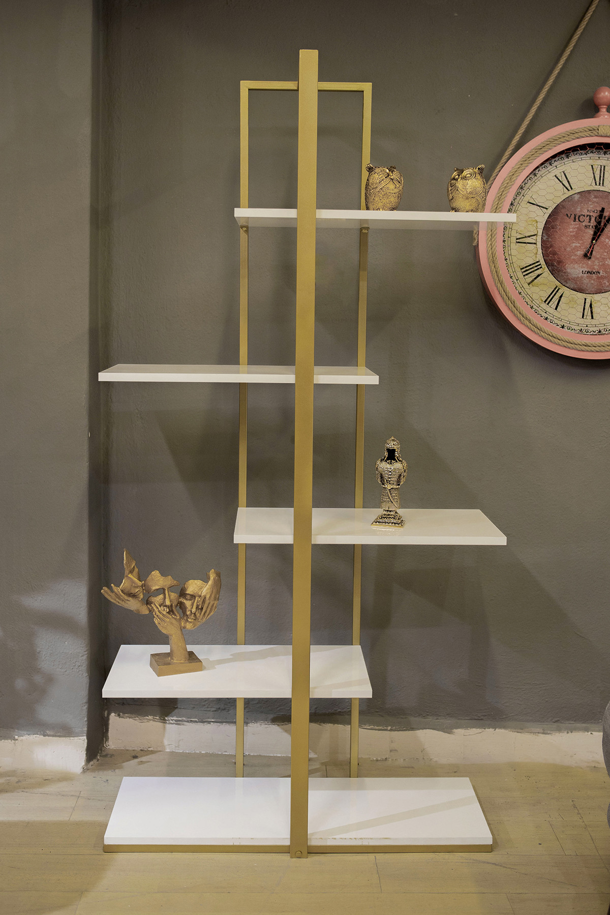 Çapraz Raflı 5 Katlı Kitaplık Kütüphane Ve Aksesuar Rafı Gold Beyaz