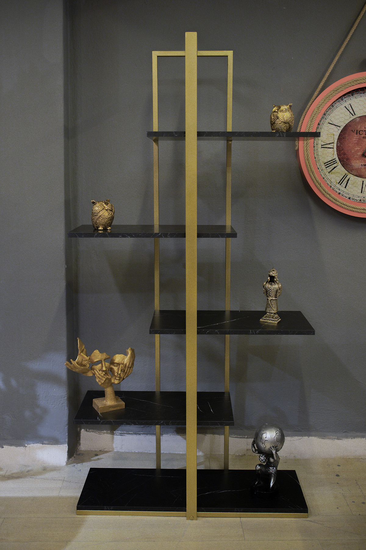 Çapraz Raflı 5 Katlı Kitaplık Kütüphane Ve Aksesuar Rafı Gold Siyah Mermer