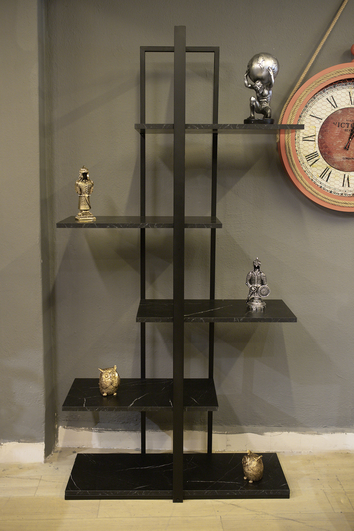 Çapraz Raflı 5 Katlı Kitaplık Kütüphane Ve Aksesuar Rafı   Siyah Mermer