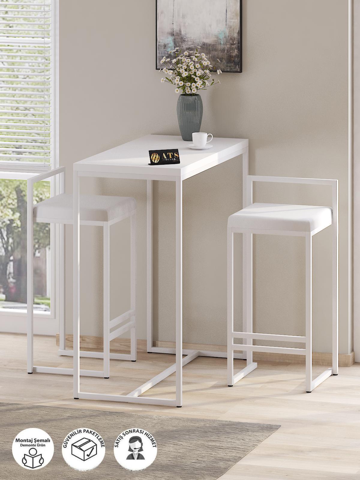 2 Li Sandelye Ve Bar Masası Takımı Beyaz Beyaz