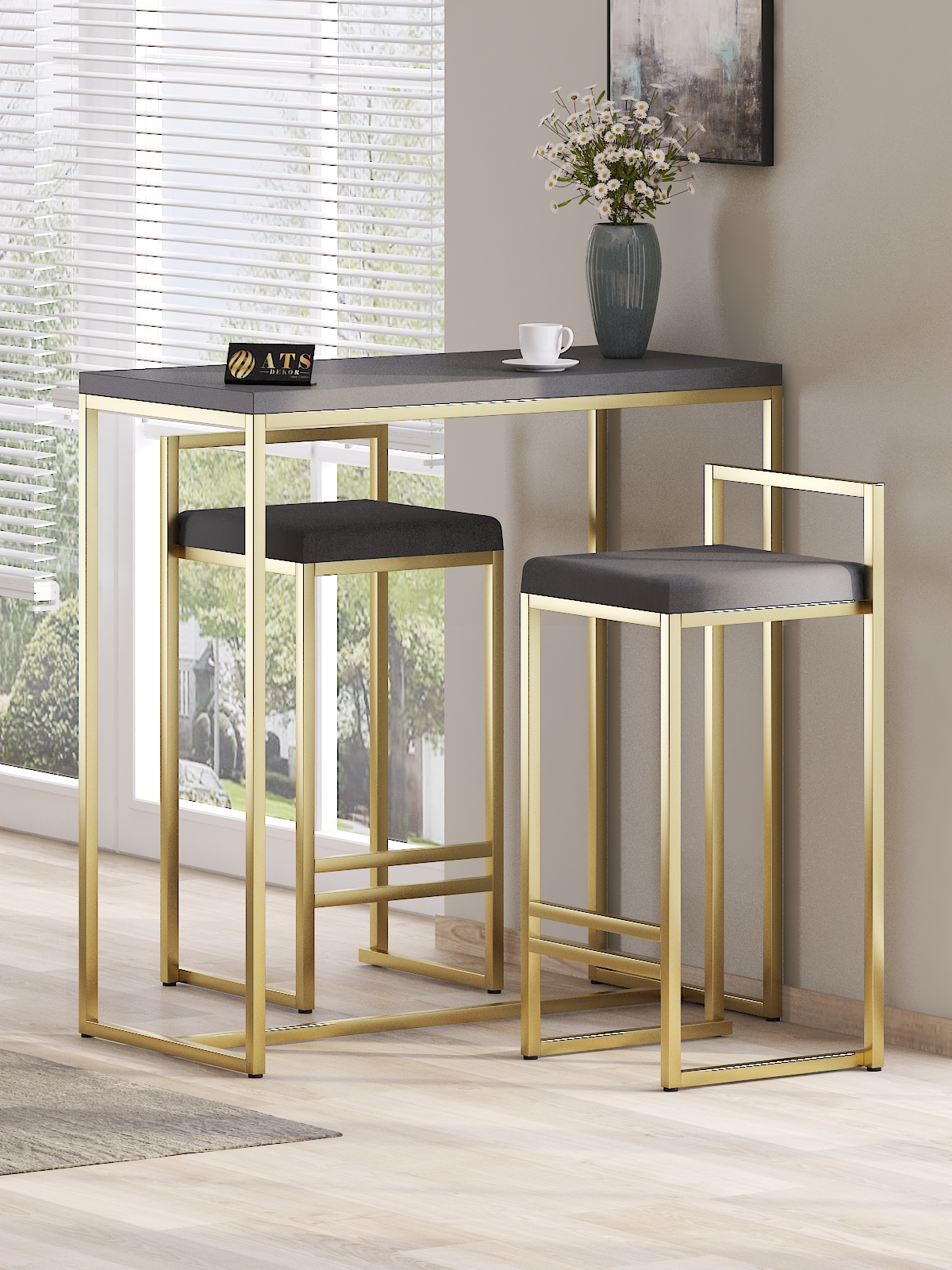 2 Li Sandelye Ve Bar Masası Takımı Gold Antrasit