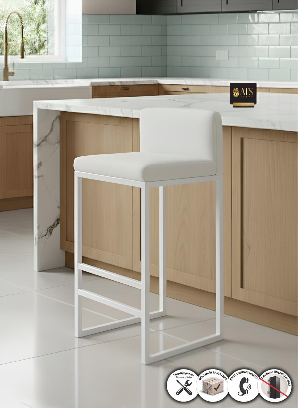 ATS Dekor BARVİA BACK , Bar & Mutfak Sandalyesi , Metal Ayaklı Beyaz Beyaz