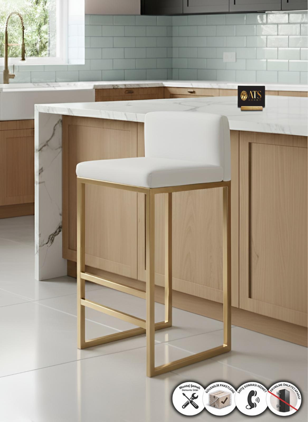 ATS Dekor BARVİA BACK , Bar & Mutfak Sandalyesi , Metal Ayaklı, Gold Beyaz