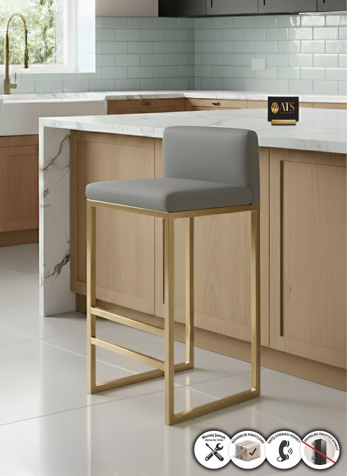 ATS Dekor BARVİA BACK , Bar & Mutfak Sandalyesi , Metal Ayaklı, Gold Gri