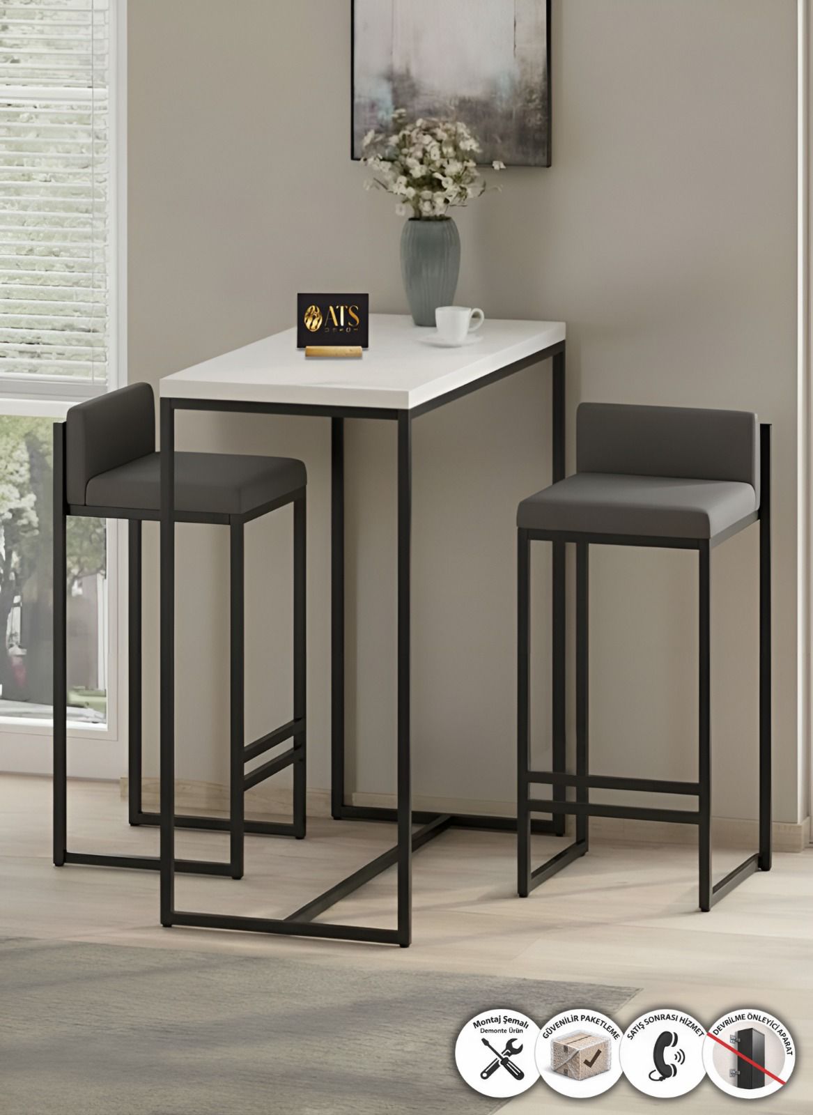 ATS Dekor BARVİA BACK 2 Li Bar Masa Takımı, Metal Ayaklı, Mutfak Masası, Mutfak Sandalyesi, Siyah Beyaz Gri Kumaş
