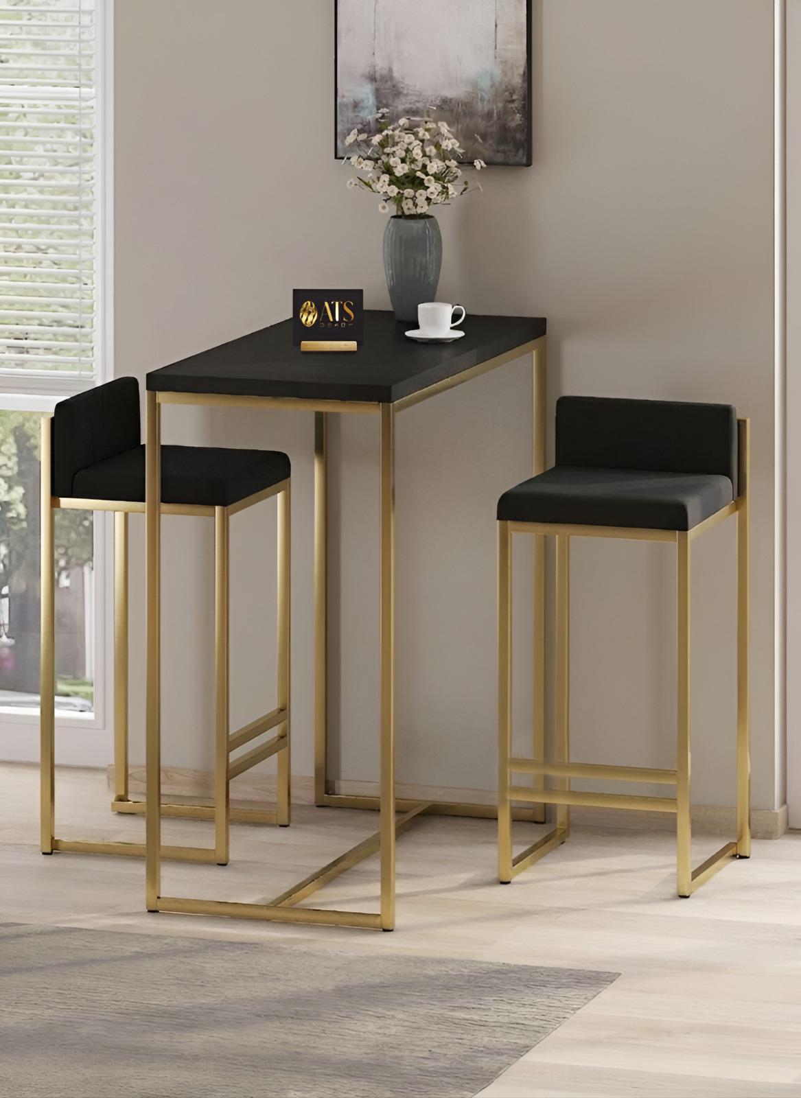 ATS Dekor BARVİA BACK 2 Li Bar Masa Takımı, Metal Ayaklı, Mutfak Masası, Mutfak Sandalyesi , Gold Siyah Siyah Kumaş