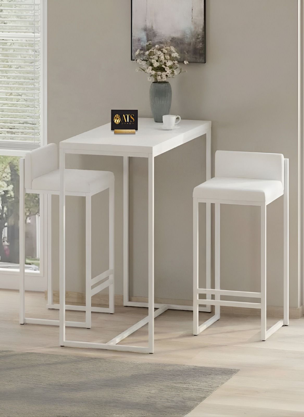 ATS Dekor BARVİA BACK 2 Li Bar Masa Takımı, Metal Ayaklı, Mutfak Masası, Mutfak Sandalyesi ,Beyaz Beyaz