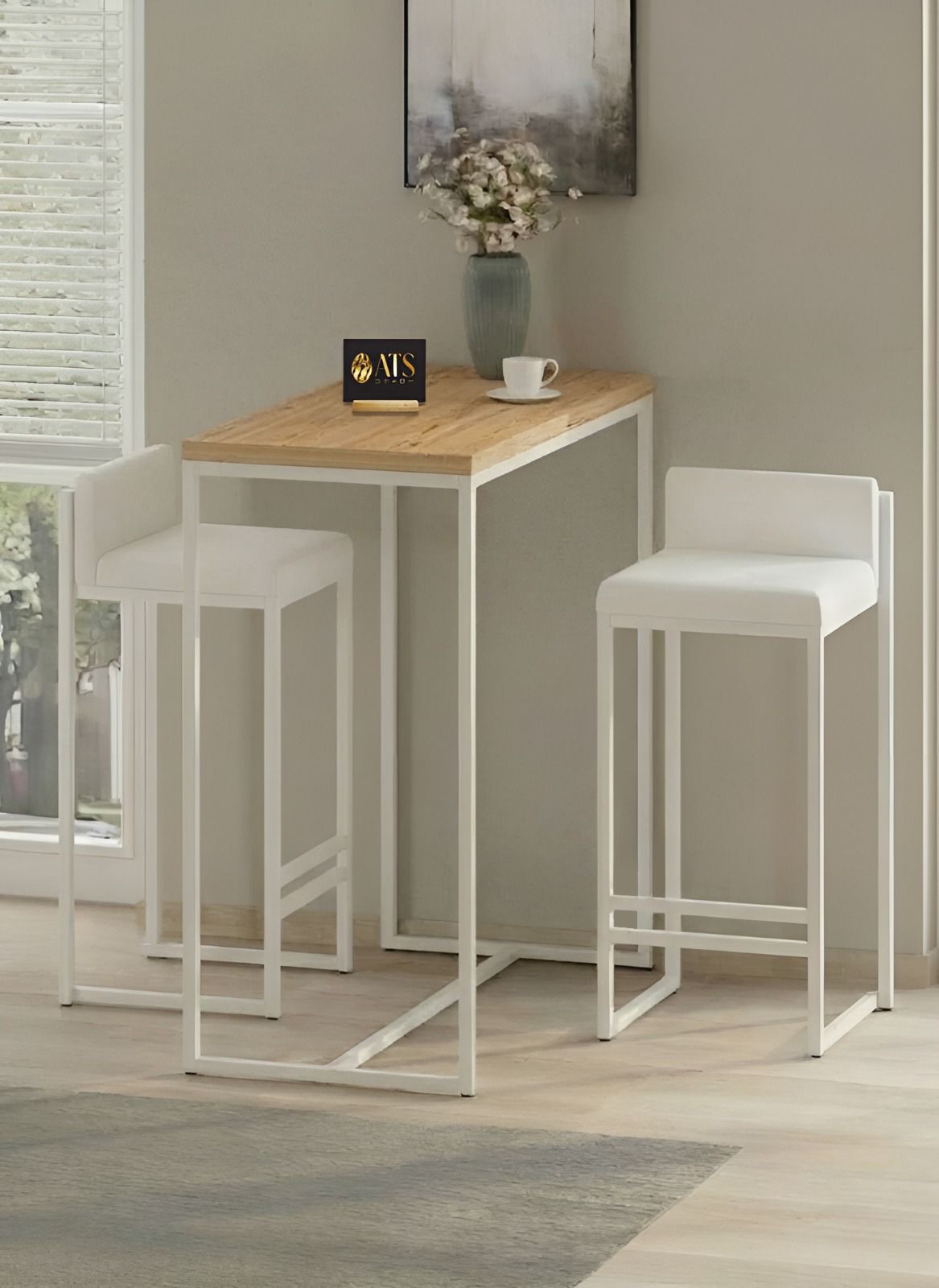 ATS Dekor BARVİA BACK 2 Li Bar Masa Takımı, Metal Ayaklı, Mutfak Masası, Mutfak Sandalyesi, Beyaz Atlantikçam