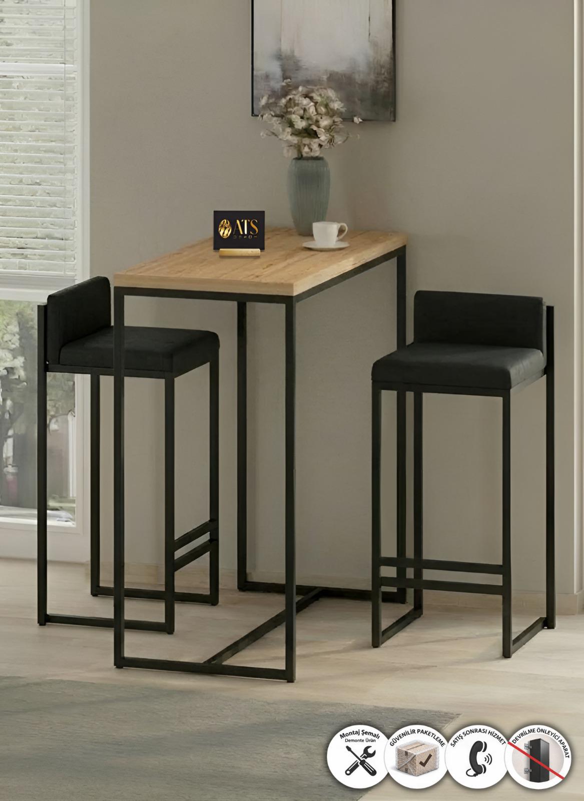 ATS Dekor BARVİA BACK 2 Li Bar Masa Takımı, Metal Ayaklı, Mutfak Masası, Mutfak Sandalyesi, Siyah Atlantikçam