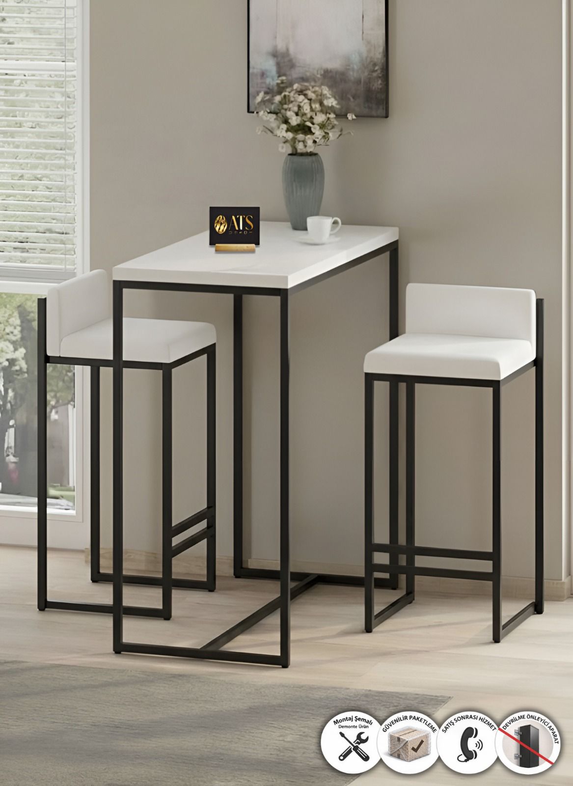 ATS Dekor BARVİA BACK 2 Li Bar Masa Takımı, Metal Ayaklı, Mutfak Masası, Mutfak Sandalyesi, Siyah Beyaz Beyaz Kumaş