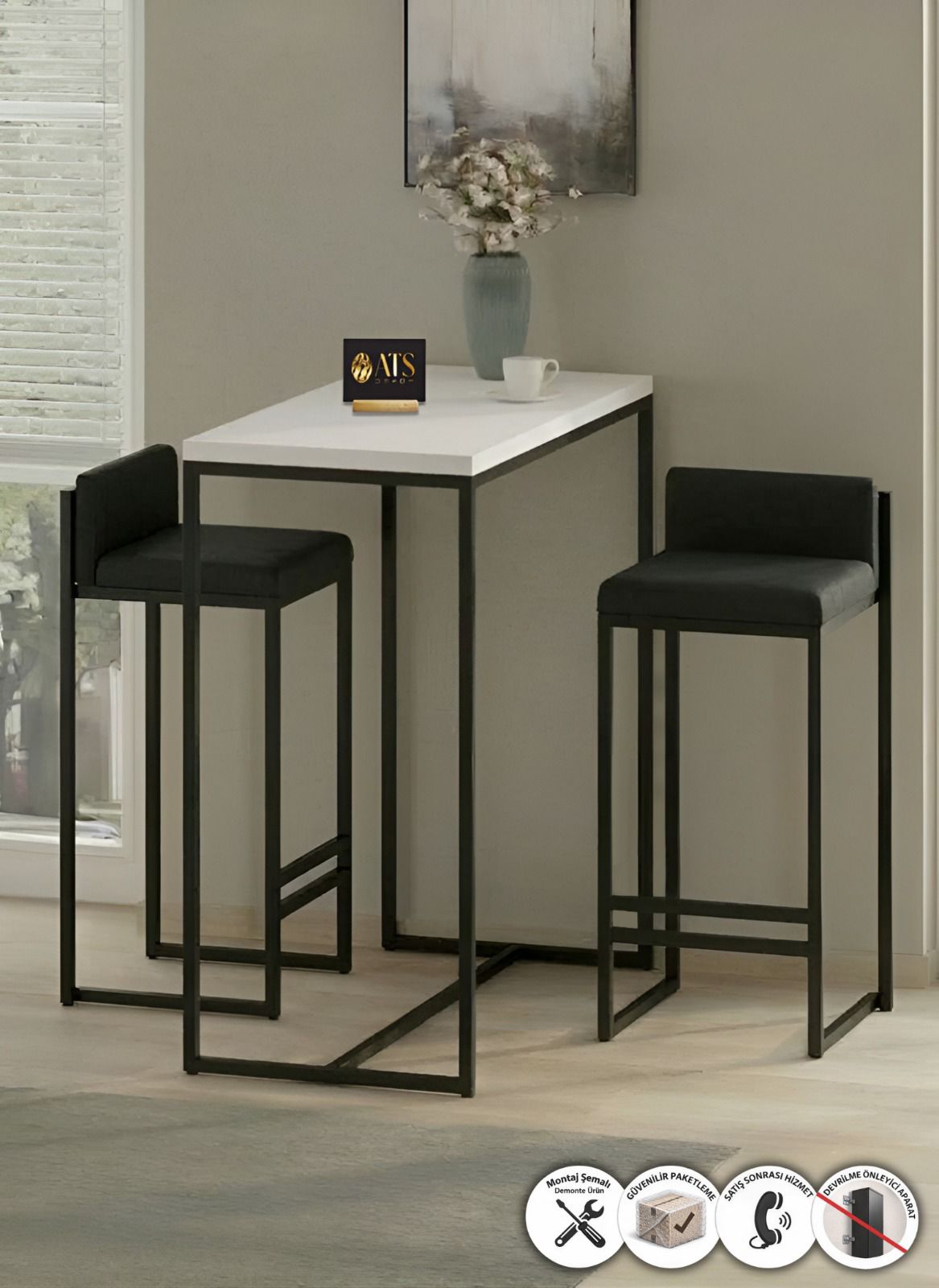 ATS Dekor BARVİA BACK 2 Li Bar Masa Takımı, Metal Ayaklı, Mutfak Masası, Mutfak Sandalyesi,Siyah Beyaz Siyah Kumaş