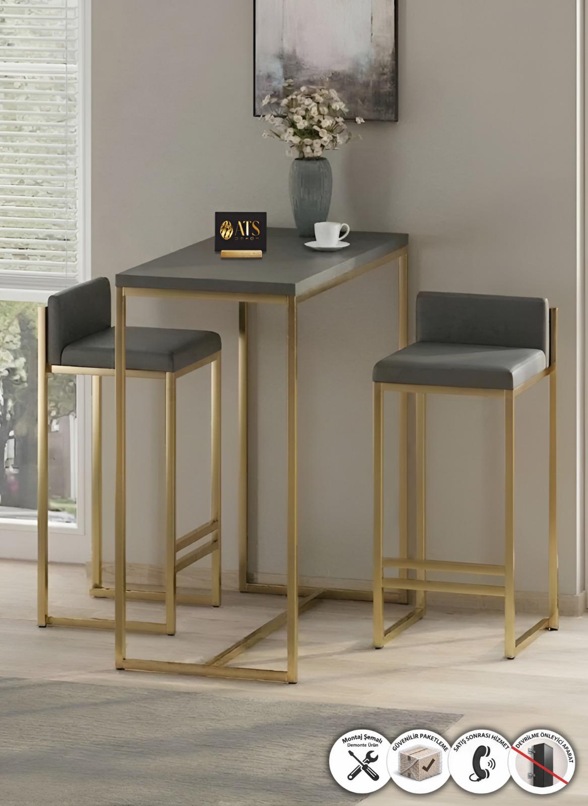 ATS Dekor BARVİA BACK 2 Li Bar Masa Takımı, Metal Ayaklı, Mutfak Masası, Mutfak Sandalyesi, Gold Gri Gri Kumaş
