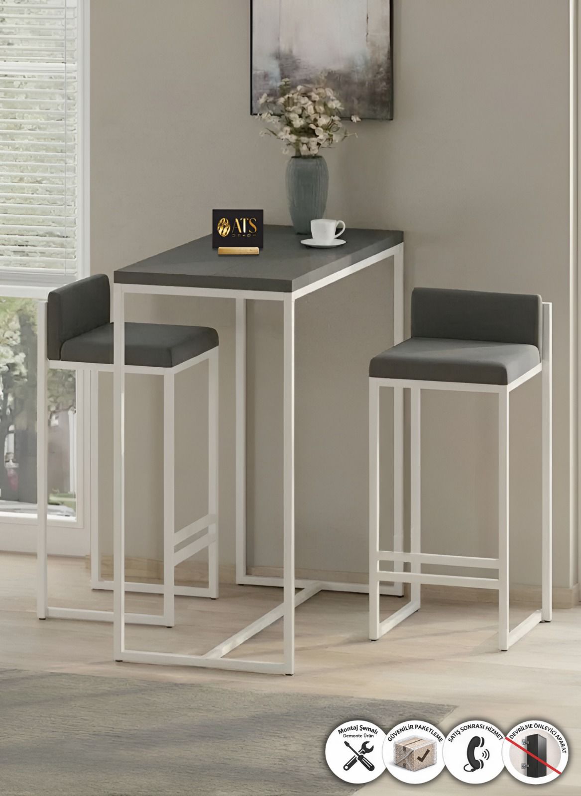 ATS Dekor BARVİA BACK 2 Li Bar Masa Takımı, Metal Ayaklı, Mutfak Masası, Mutfak Sandalyesi, Beyaz Gri Gri Kumaş